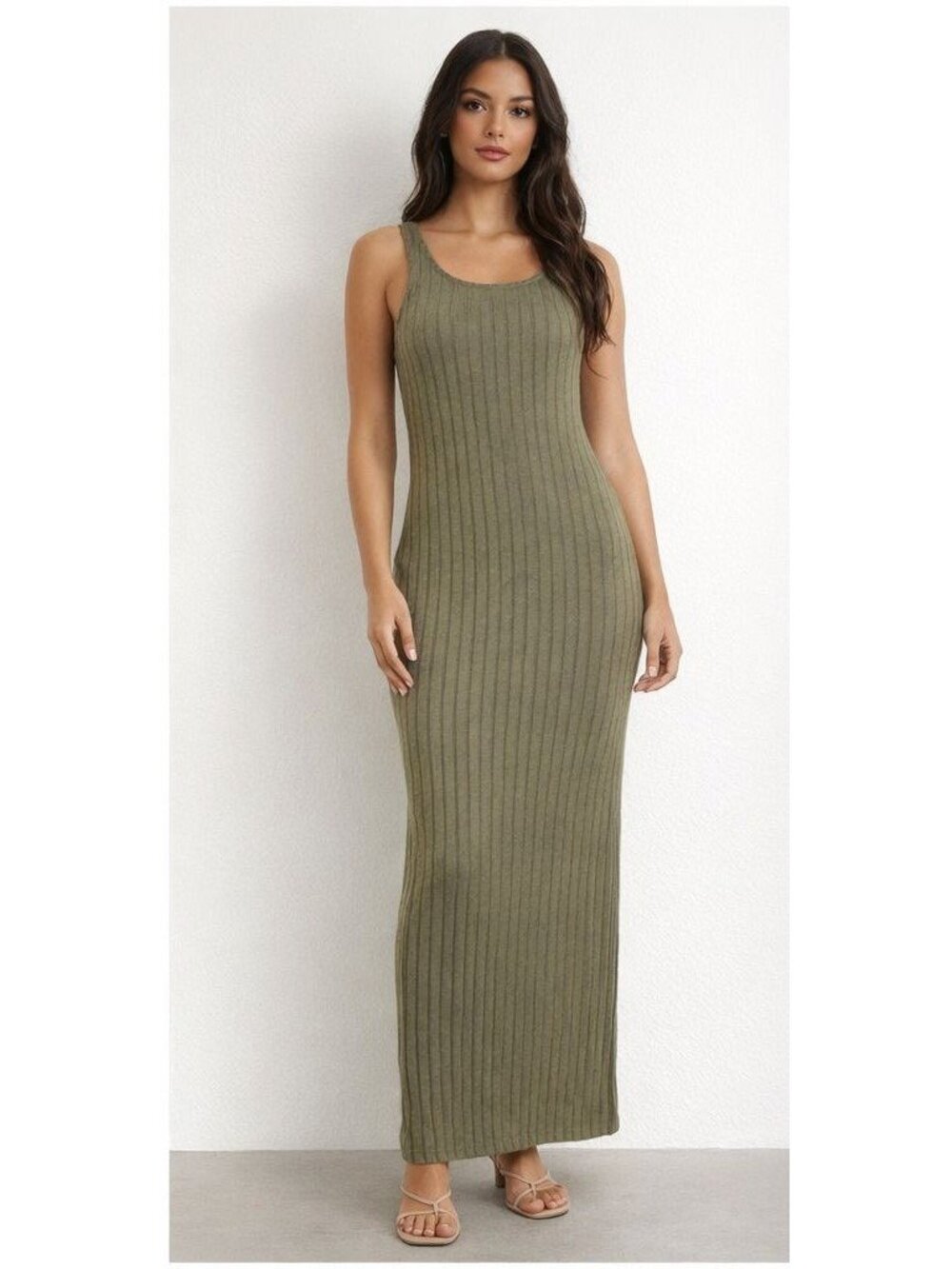 SheIn Long Maxi Dress Womens Medium Green Striped Sleeveless Casual Summer Wear